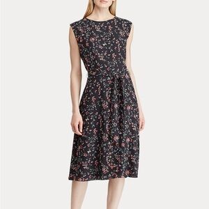 Lauren Ralph Lauren Dress Women 16 Midi Floral Fit Flare Sleeveless Tie Belt